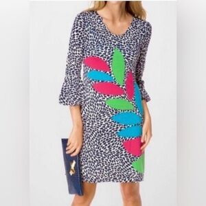 Lilly Pulitzer Angie Shift Dress Navy White Pink Green Leaf Pattern Midi Size M
